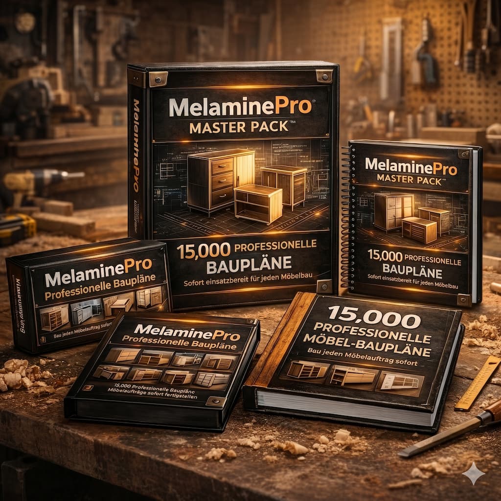MelaminePro Master Pack™: 15.000 professionelle Baupläne — sofort einsatzbereit für jeden Möbelbau.